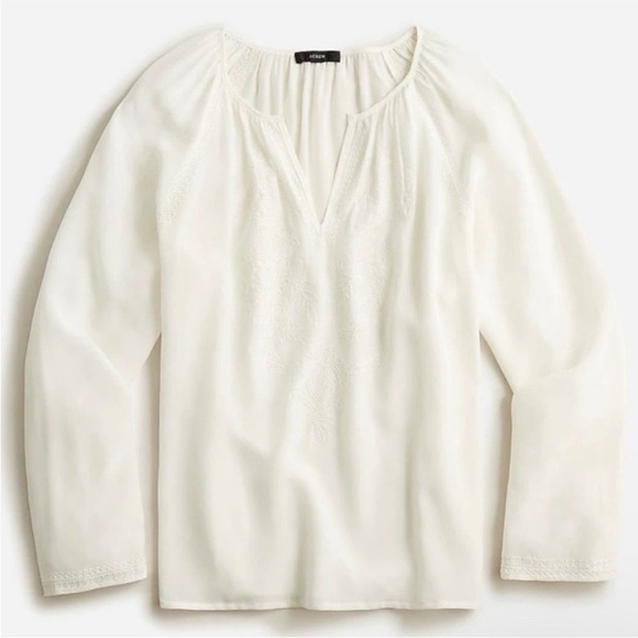 J. Crew Tops - JCrew V-neck top embroidery cream color long sleeve pure silk pullover size sm